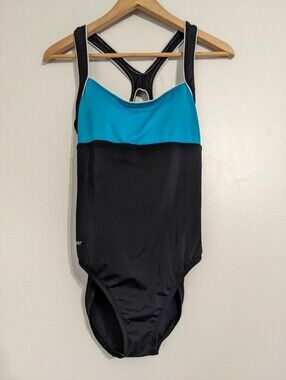 Speedo One Piece Swimsuit Women's Size 12 Black Blue Swimming Beach Bathing Suit